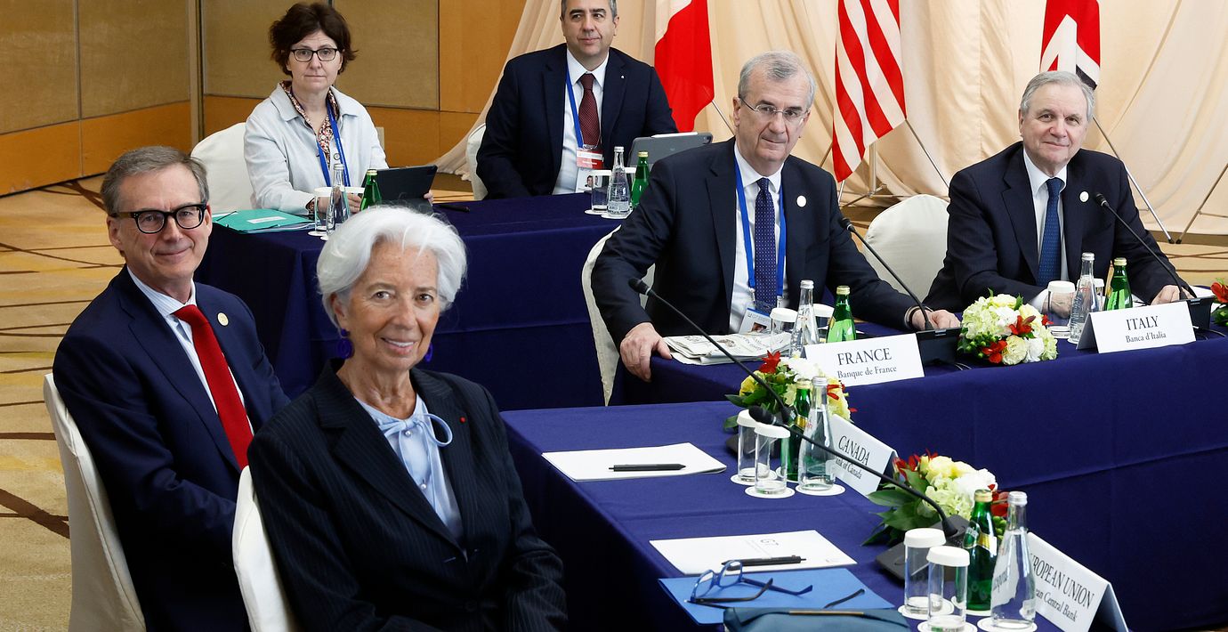 ECB -topparna Francois Villeroy de Galhau, och Ignazio Visco samt ECB-chefen Christine Lagarde och Tiff Macklem, chef för Kanadas centralbank.