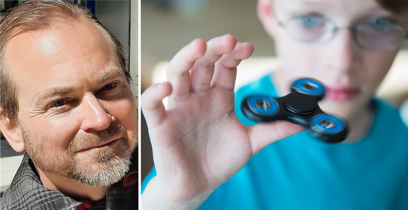 Fredrik Svenaeus, professor. Till höger ett barn som leker med en så kallad fidget spinner, som enligt vissa anses kunna hjälpa barn med adhd.