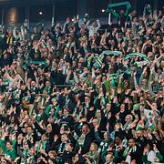 Hammarbys supportrar jublar efter semifinalen i Svenska Cupen mellan Hammarby och Sirius.
