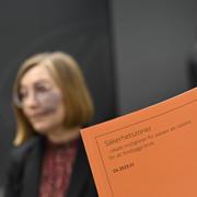 Utredningen om visitationszoner överlämnas till justitieminister Gunnar Strömmer (M) av utredaren Karin Erlingsson, rättschef på Tullverket vid en pressträff (2023).