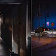Inifrån den rökskadade byggnaden/brandbil och polisbil utanför.