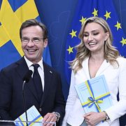 Simona Mohamsson (L), Ulf Kristersson (M), Ebba Busch (KD) och Jimmie Åkesson (SD) presenterar ett bokslut över Tidöavtalet under en pressträff på tisdagen.