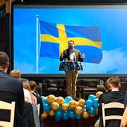 Sverigedemokraternas partiledare Jimmie Åkesson (SD) håller hösttal på Ungsvenskarnas tioårsjubileum som arrangeras på Siggesta Gård på Värmdö under lördagen. 