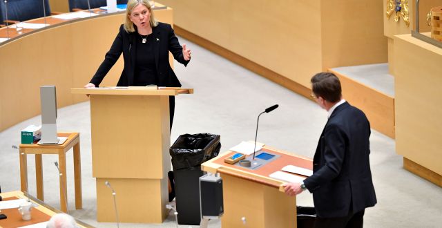 Magdalena Andersson (S) i debatt med Ulf Kristersson (M).  Anders Wiklund/TT