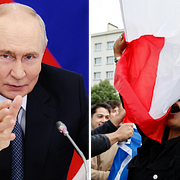 Till vänster: Rysslands president Vladimir under ett möte den 11 augusti i år. Till höger: En kvinna med den franska flaggan i samband med ett val i juli 2024.