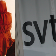 Omslaget till “Watching the Moon at Night” och SVT:s logga.