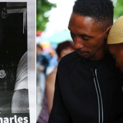 Demonstranter håller upp bilder av Rashan Charles/Den unge mannens pappa tröstas.