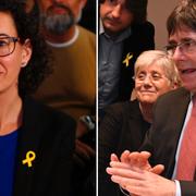 Separatisten Marta Rovira från vänsterpartiet ERC till vänster och den avsatte regionpresidenten Carles Puigdemont till höger.