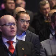 Kent Ekeroth under Sverigedemokraternas valkonferens i dag.