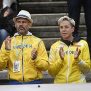 Stefan Holm och Sveriges förbundskapten Kajsa Bergqvist under Finnkampen på Stockholms Stadion. 2023.