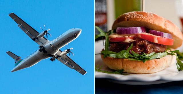 Flygplan och vegansk hamburgare. Illustrationsbild. TT
