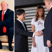 Trump och Naruhito hälsar på varandra i sällskap med fruarna Melania Trump och kejsarinnan Masako. 