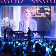 Céline Dion under mellanakten under det första genrepet av finalen i den 69:e upplagan av Eurovision Song Contest (ESC) i St. Jakobshalle, i Basel, Schweiz, torsdag den 16 maj, 2025.