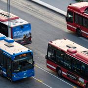 En blå och tre röda SL-bussar i Stockholm.