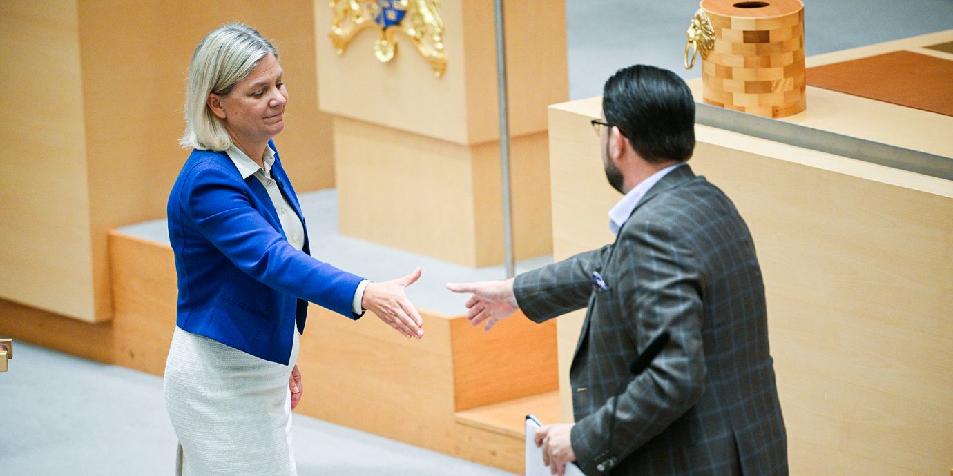 Sverigedemokraternas partiledare Jimmie Åkesson och Socialdemokraternas partiledare Magdalena Andersson under debatt 2023.
