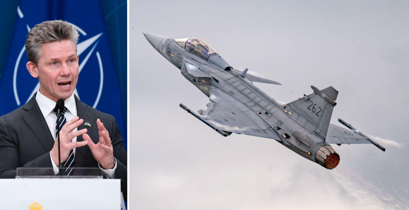 Försvarsminister Pål Jonson (M) och JAS Gripen.