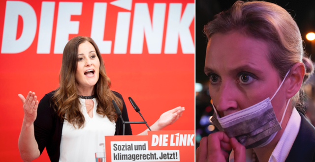 En av Die Linkes två partiledare Janine Wissler till vänster och en av AfD:s två partiledare Alice Weidel till höger. TT
