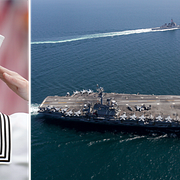 Till vänster: En soldat i den amerikanska flottan gör honnör. Till höger: USS Abraham Lincoln  i Japanska havet.