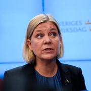 Magdalena Andersson (S) på dagens pressträff. 