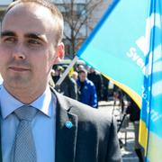 artiledaren Stefan Jacobsson under högerextrema Svenskarnas partis demonstration på första maj i Jönköping.