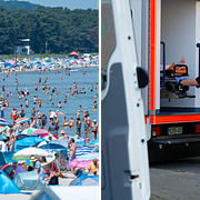 Till vänster: En strand på den tyska ön Rügen är full av människor.  Till höger: En person i den tyska staden Dormagen evakueras från ett äldreboende på grund av hettan.