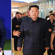 Till vänster: Vladimir Putin, Till höger: Kim Jong-Un och hans fru Ri Sol-Ju på en bild som distribueras av statskontrollerade nordkoreanska medier