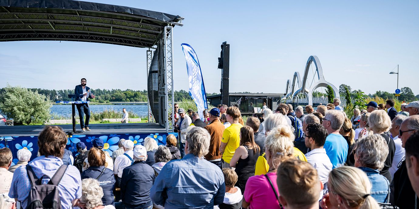 Partiledare Jimmie Åkesson i Sölvesborg 2023. 