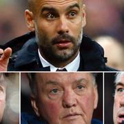 Uppe: Pep Guardiola. Nere, från vänster: Joachim Löw, Louis van Gaal, Carlo Ancelotti.