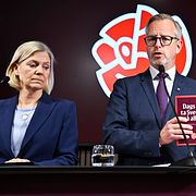 
Illustrationsbild av Socialdemokraternas partiledare Magdalena Andersson och ekonomisk-politiske talespersonen Mikael Damberg i samband med att partiets valmanifest presenterades.