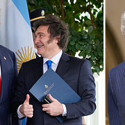 USA:s president Donald Trump och Javier Milei. Till höger kung Charles. Arkivbilder.