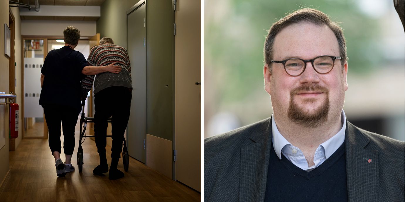 Till vänster: Genrebild från äldreboende. Till höger: Simon Petersson är avtalssekreterare på IF Metall.