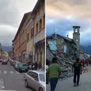 I samhället Amatrice var skadorna stora. Bilden till vänster visar hur det såg ut före, och bilden till höger visar efter skalvet