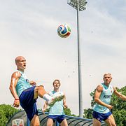 De norska spelarna Jørgen Strand Larsen, Sander Berge, Leo Østigård, Kristian Thorstvedt och Julian Ryerson under träningen inför VM den 6 juni 2026.