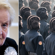 Madeleine Albright, nordkoreanska militärer i uppvisning i Pyongyang.