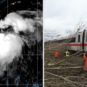 Illustrationsbild på stormmoln och tåg som stoppats av fällda träd.