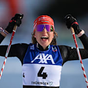 Tyska Nathalie Armbruster efter en tävling i nordisk kombination i Oberhof den 17 januari.