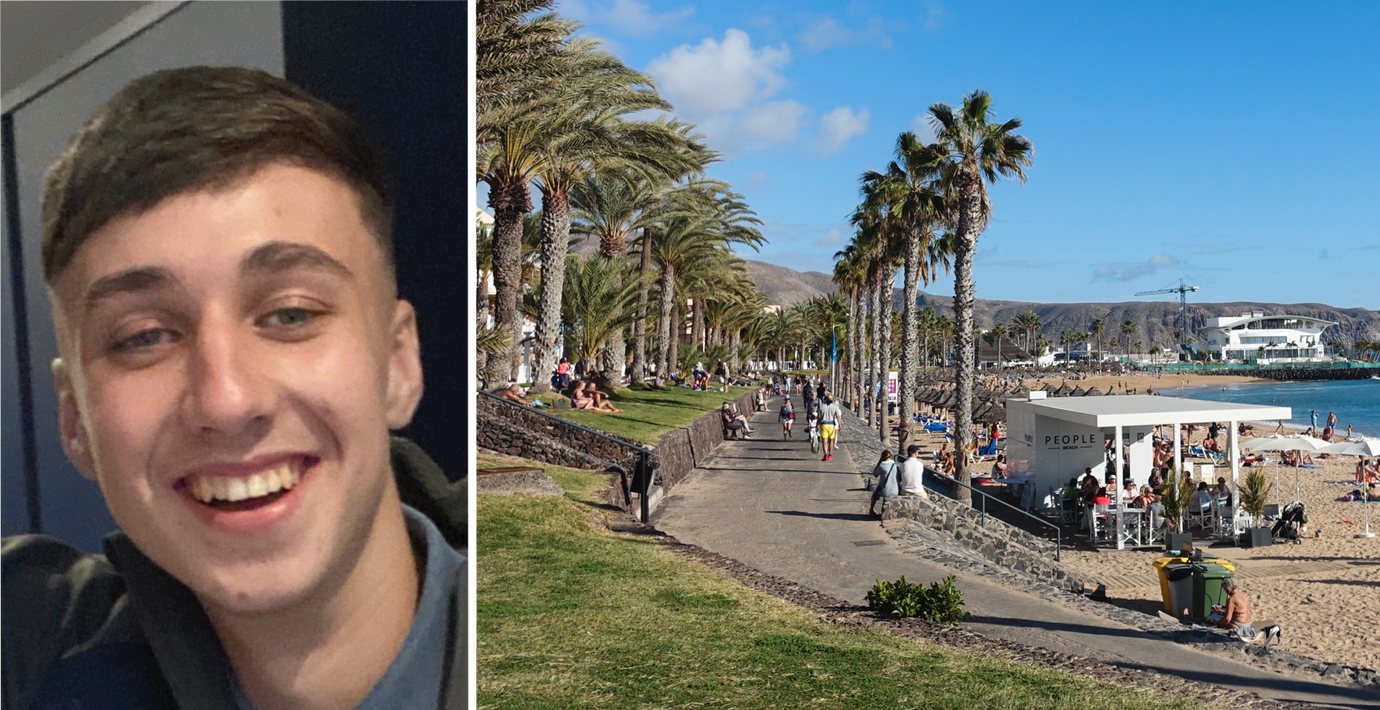 En bild på Jay Slater samt på strandpromenaden i Los Cristianos, staden där den brittiske 19-åringen bodde på Teneriffa. 
