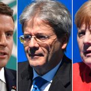 Frankrikes president Emmanuel Macron, Italiens premiärminister Paolo Gentiloni och Tysklands förbundskansler Angela Merkel.