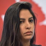Nooshi Dadgostar (V), Vänsterpartiets partiledare under en pressträff.