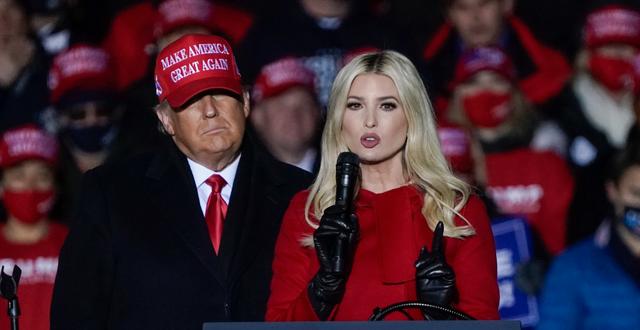 President Donald Trump watches as daughter Ivanka Trump speaks at a campaign event at the Kenosha Regional Airport, Nov. 2, 2020, in Kenosha, Wis.  Morry Gash / AP