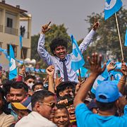 Anhängare av partiet Rastriya Swatantra inför valet.