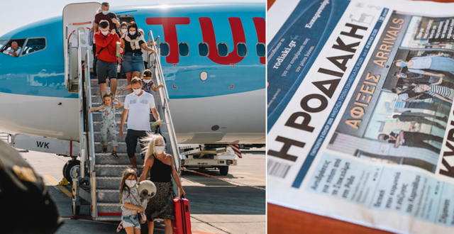 Resenärerna anländer till Rhodos/Grekiska lokaltidningar har svenska turister på förstasidan. TT