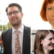 Jimmie Åkesson med sambon Louise, Margareta Larsson och Jessica Ohlson.