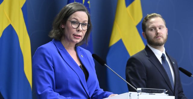 Migrationsminister Maria Malmer Stenergard (M) håller pressträff tillsammans med Sverigedemokraternas gruppledare i riksdagen Henrik Vinge Jessica Gow/TT