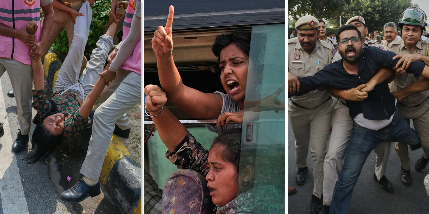 Gripanden under demonstrationerna i New Delhi på lördagen.