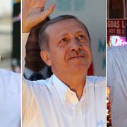 Kandidaterna med chans till presidentposten, från vänster: Selahattin Demirtas, Recep Tayyip Erdogan och Ekmeleddin Ihsanoglu