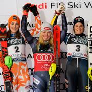 Petra Vlhova, Mikaela Shiffrin och Anna Swenn Larsson