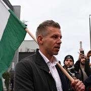 Peter Magyar, partiledare för Tisza under en demonstration i början av oktober. 