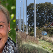 M-politikern och tidigare ”Bonde söker fru”-deltagaren Leonora Vilmhelsson / prideflagga på reklamskylt i Sölvesborg i protest mot flaggbeslutet.