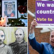 Jo Cox, misstänkte mördaren i rätten och UKIP-ledaren Nigel Farage.